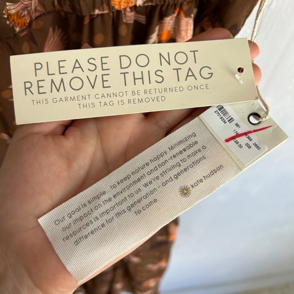 Happy Nature size L short puff flutter sleeve midi dress brown bird print NEW - Picture 15 of 17